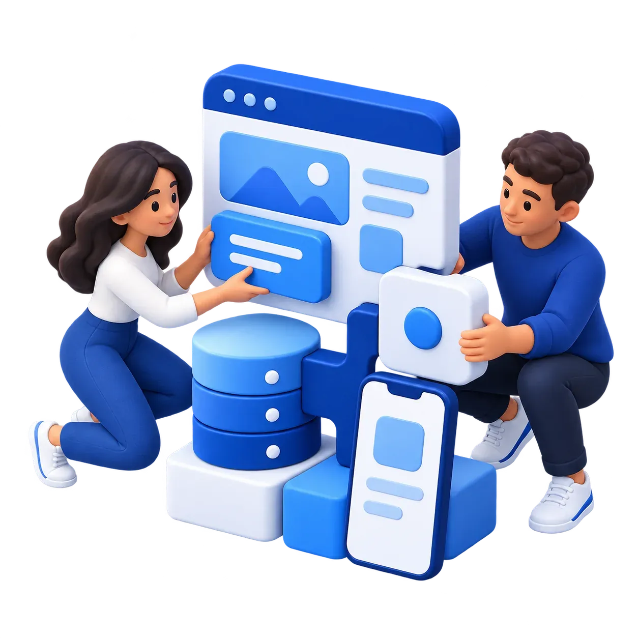 Dos personas conectan las piezas de un producto digital